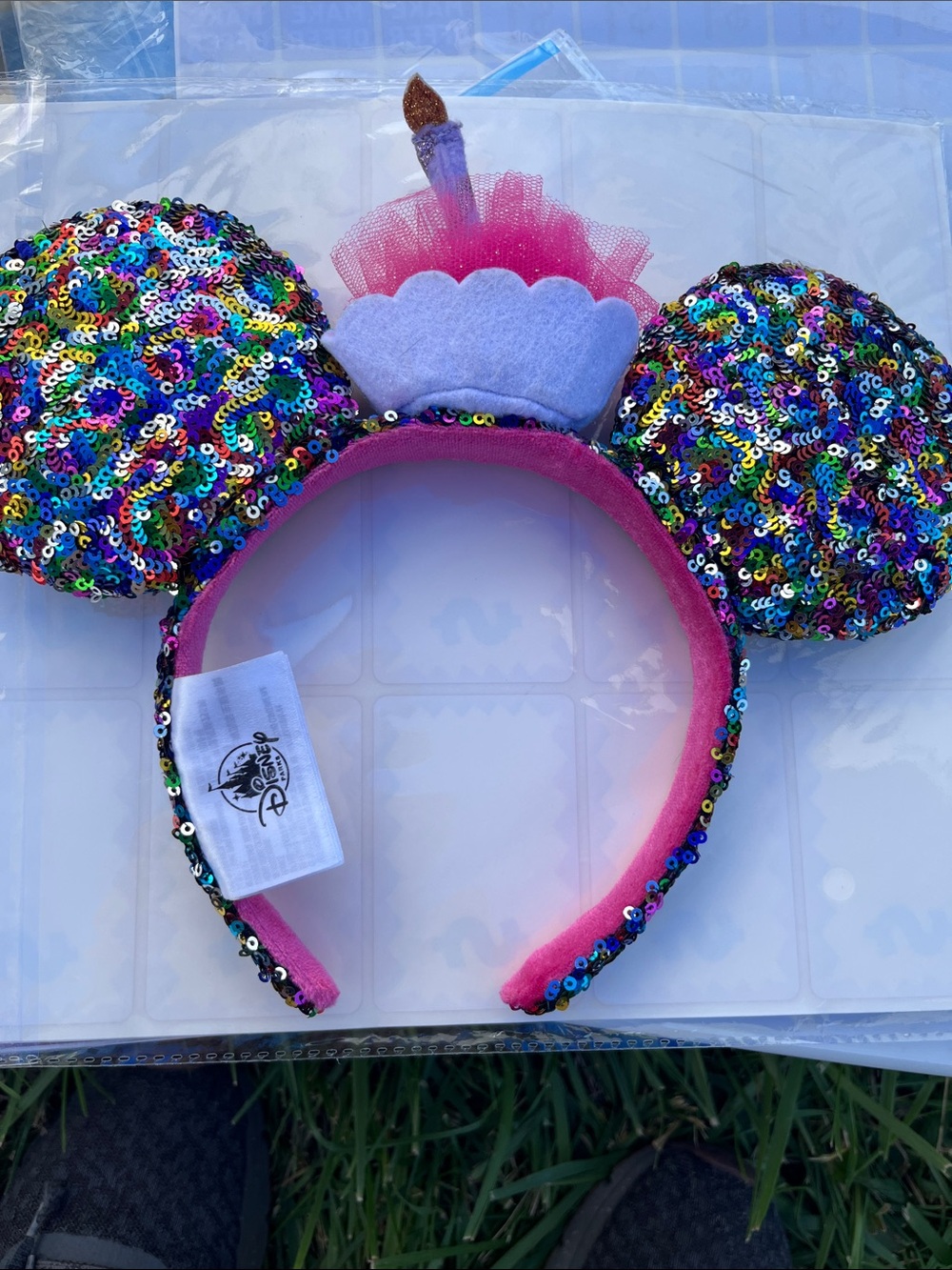 Disney Rainbow Sequin Mouse Ear Headband with Pink Cupcake Accent